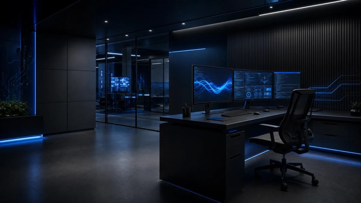 Dark software engineering workspace with blue-lit system displays