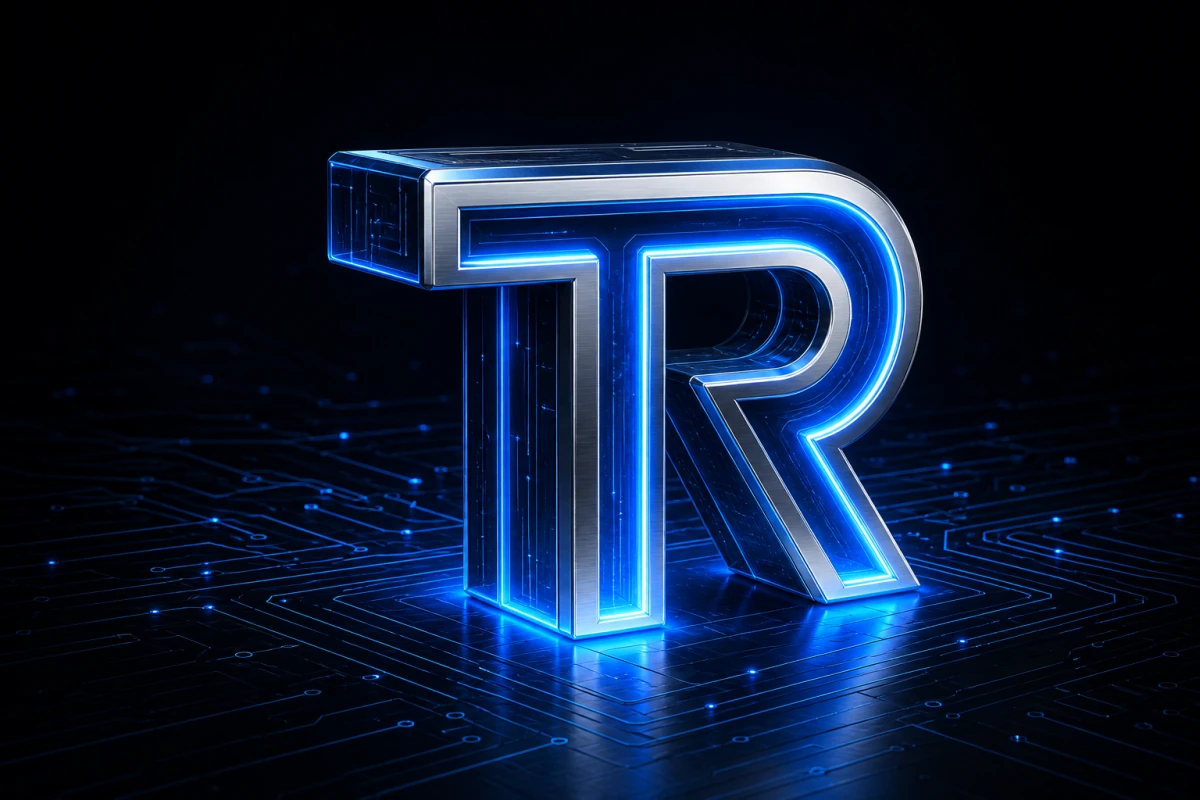 Dimensional electric-blue Team Robison TR mark on a circuit surface